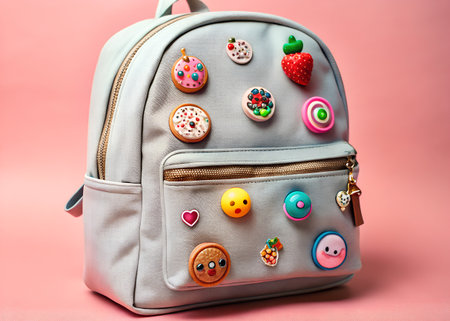 Stylish backpack with funny cookies on color background. Back to school conceptの素材