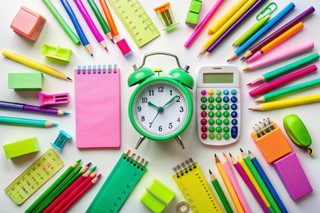School supplies and alarm clock on white background. Back to school concept.の素材
