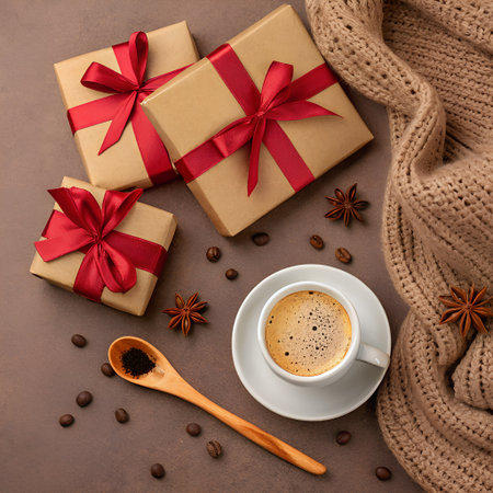 Cup of coffee, gift boxes and knitted scarf on brown backgroundの素材