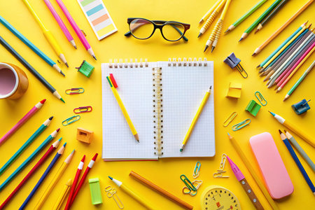 School and office supplies on yellow background. Back to school concept.の素材