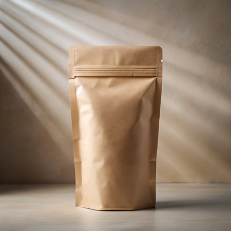 Coffee bag mockup on wooden table and light rays.の素材