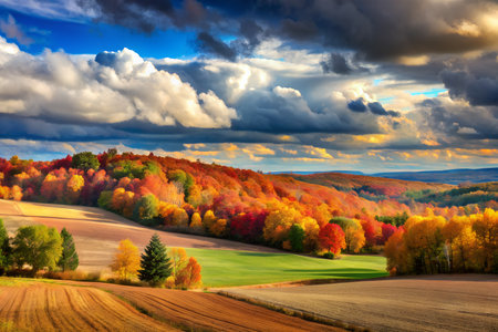 Autumn landscape with colorful forest and cloudy sky. HDR image.の素材