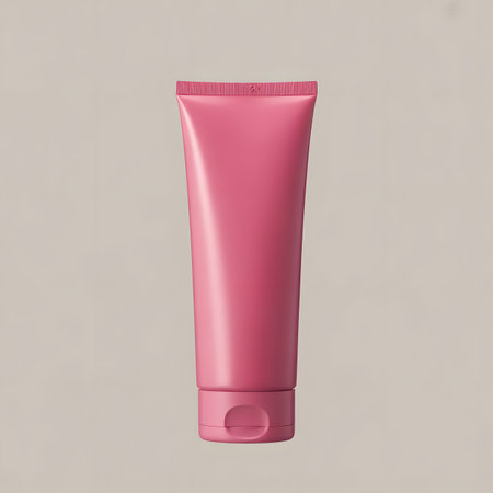 Pink cosmetic tube isolated on a gray background. 3d rendering.の素材