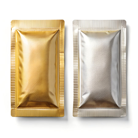 Golden and silver foil sachet isolated on white background, top viewの素材