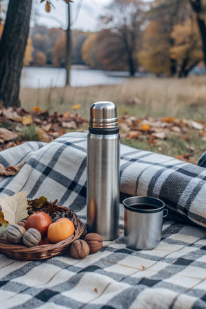 metal thermos on a plaid with autumn leaves in the parkの素材