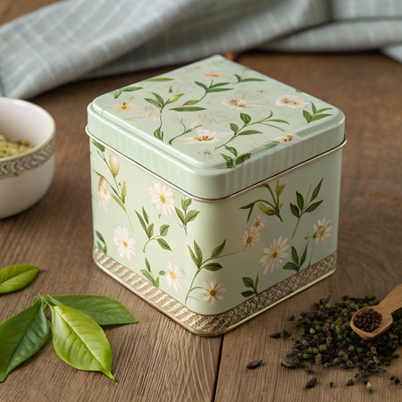 Ceramic box with green tea leaves on a wooden table.の素材