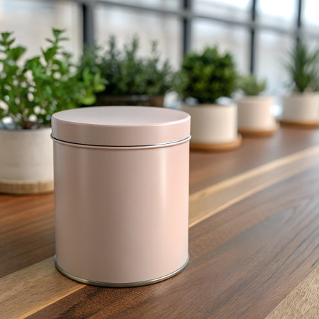 Mockup of a metal box on a wooden table in a cafeの素材