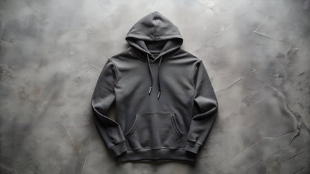 Black hoodie on a gray background, top view, copy spaceの素材