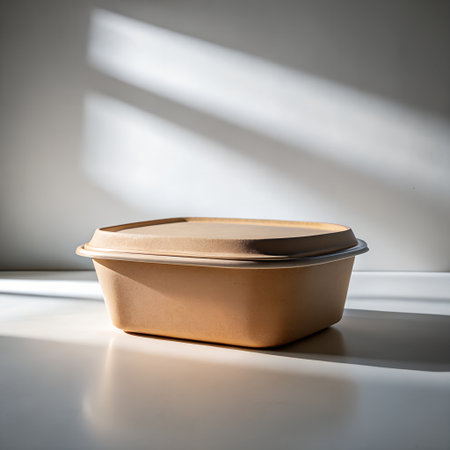 Paper food box on white table with shadow from window, stock photoの素材