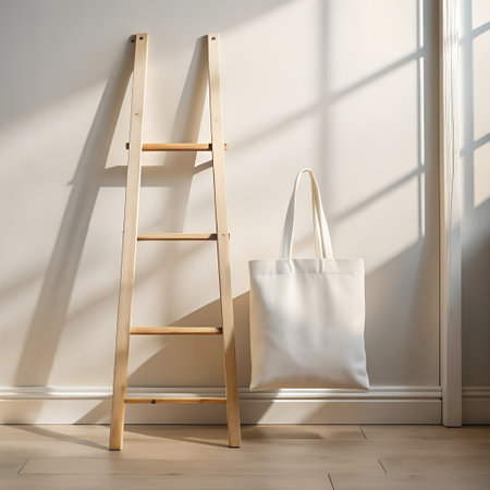 Wooden ladder and white cotton bag in room, 3d renderの素材