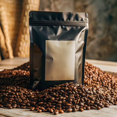 Coffee beans and a bag of coffee on a wooden tableの素材