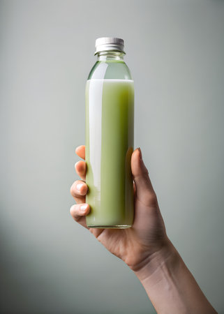Female hand holding a bottle of green smoothie on a gray backgroundの素材