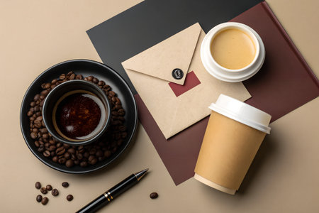 Coffee cup, envelope and coffee beans on beige backgroundの素材