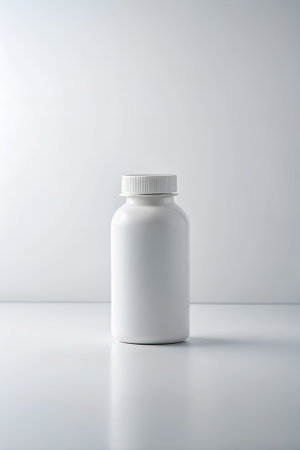 White plastic bottle on a white background. Mockup for design.の素材
