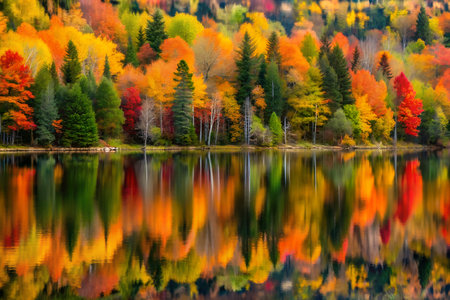 Colorful autumn forest reflected in the lake. Fall season landscape.の素材