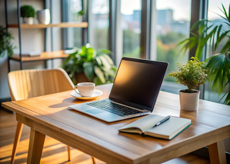 Laptop and coffee cup on wooden table in coffee shop. Work from home concept.の素材
