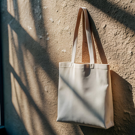 White canvas bag hanging on the wall in the sunlight.の素材