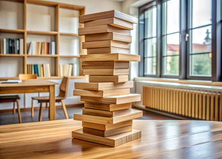A tall, unstable tower of wooden blocks stacked precariously on a table in a library or study room, with bookshelves in the backgroundの素材