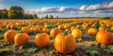Vast pumpkin patch under a cloudy sky, rows of ripe orange pumpkins stretching to the horizon, autumn harvest season in full swingの素材