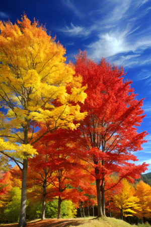 A stunning display of trees ablaze with vibrant yellow, orange, and red autumn foliage under a bright blue sky with wispy white cloudsの素材