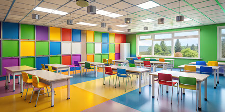 Vibrant and colorful modern elementary school classroom interior with desks, chairs, and storage, featuring a rainbow wall and large windows with a view of green trees and blue skyの素材