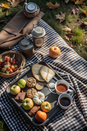 Autumn picnic spread with fruits, cookies, and drinks on a checkered blanket outdoors on a sunny day with fallen leavesの素材