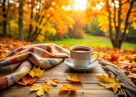 Cozy autumn scene with a warm cup of tea on a wooden table surrounded by colorful fallen leaves and a soft blanket, evoking comfort and seasonal changeの素材