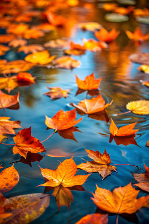 Autumn maple leaves floating on the surface of water, reflecting the warm colors of the fall seasonの素材