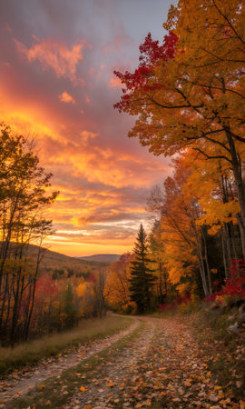 Dramatic sunset sky over a winding dirt road lined with vibrant autumn trees in peak fall foliage, casting long shadowsの素材