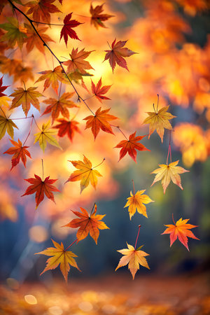 A cascade of colorful maple leaves drifting downwards, creating a beautiful and dynamic display of autumnの素材