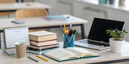 A classroom desk with books, notebooks, pencils, a laptop, and a potted plant, ready for learning and studyの素材