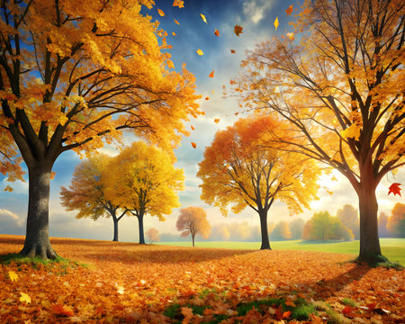 Vibrant autumn trees with golden leaves falling in a park on a sunny day, creating a picturesque fall landscapeの素材