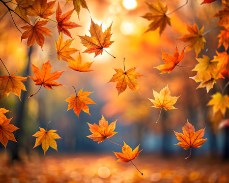 A vibrant autumn scene with numerous orange and yellow maple leaves gracefully falling against a softly blurred background of trees and warm lightの素材