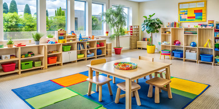 Bright and colorful classroom for young children with wooden furniture, toys, and learning materials, featuring large windows and plantsの素材