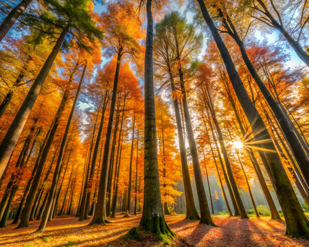 Sunlight streaming through tall trees with vibrant orange and yellow autumn leaves, creating a magical forest atmosphereの素材