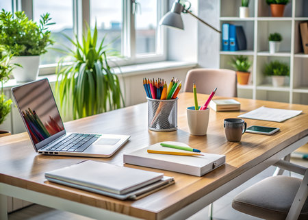A home office desk with a laptop, colorful pencils, plants, and a bookshelf in the background, bathed in natural lightの素材
