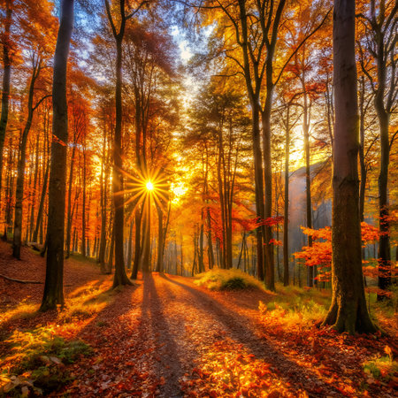 Sunlight streams through an autumn forest, illuminating a path covered in fallen leaves, creating a magical and vibrant natural sceneの素材