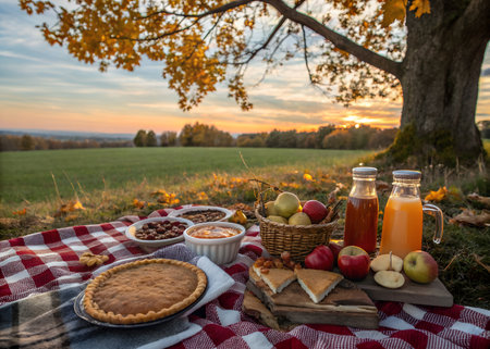 Autumn picnic spread on a checkered blanket under a large tree at sunset, featuring pies, sandwiches, and drinksの素材