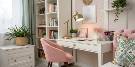 A cozy and stylish home office or study room with a white desk, pink chair, bookshelf, and decorative elementsの素材