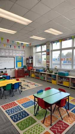 A bright and cheerful primary school classroom with colorful rugs, small tables and chairs, whiteboards, and shelves filled with books and learning materials, illuminated by natural light from large windowsの素材