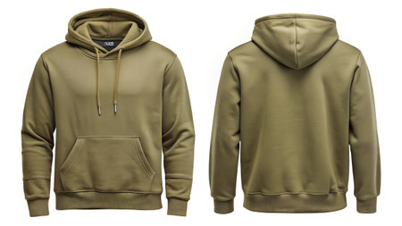 Front and back view of a green olive color hooded sweatshirt with a front pocket and drawstrings, isolated on white backgroundの素材