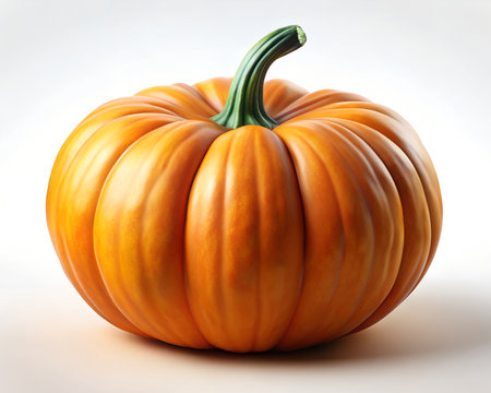 A single, ripe, orange pumpkin with a green stem sits isolated on a white background, perfect for autumn and halloween themesの素材