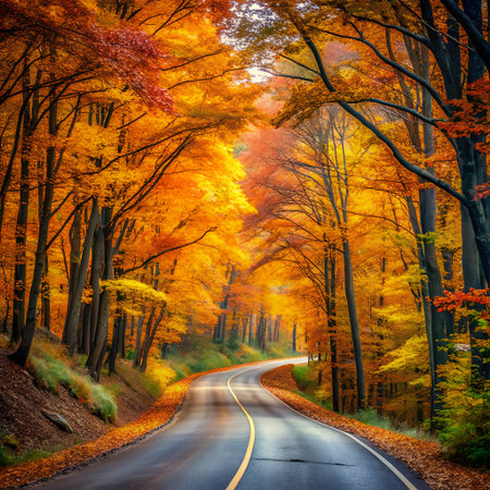 A scenic asphalt road winds through a dense forest, illuminated by the warm glow of autumn leaves in brilliant shades of orange and yellowの素材