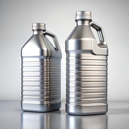 Two metallic plastic jugs with handles and screw caps, one smaller than the other, displayed sidebyside on a reflective surface against a neutral backgroundの素材