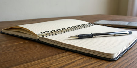 An open notebook with a pen resting on its pages, placed on a wooden desk next to a tablet, suggesting a workspace for writing or planningの素材