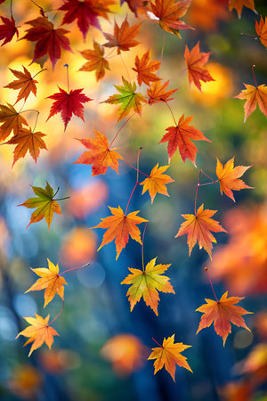 Autumn maple leaves falling gently from branches with a soft bokeh background, capturing the essence of fallの素材