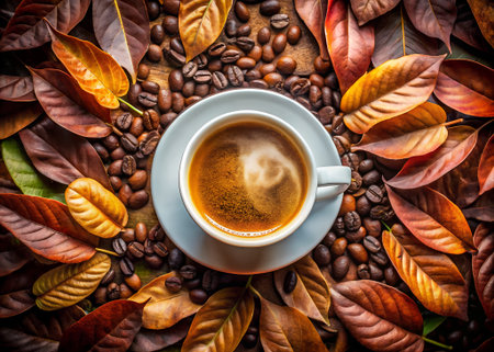 A topdown view of a white cup of coffee on a saucer, surrounded by roasted coffee beans and vibrant autumn leaves on a dark wooden surfaceの素材