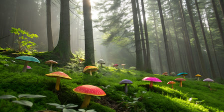 Enchanting forest floor covered in lush green moss, dotted with a variety of colorful mushrooms including red, yellow, blue, and purple, illuminated by soft sunlightの素材