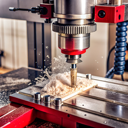 Closeup of a cnc milling machines cutting head in action, creating wood shavings as it precisely carves a materialの素材