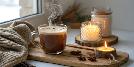 Cozy autumn morning with a steaming cup of coffee and lit candles on a wooden tray, creating a warm and inviting atmosphereの素材